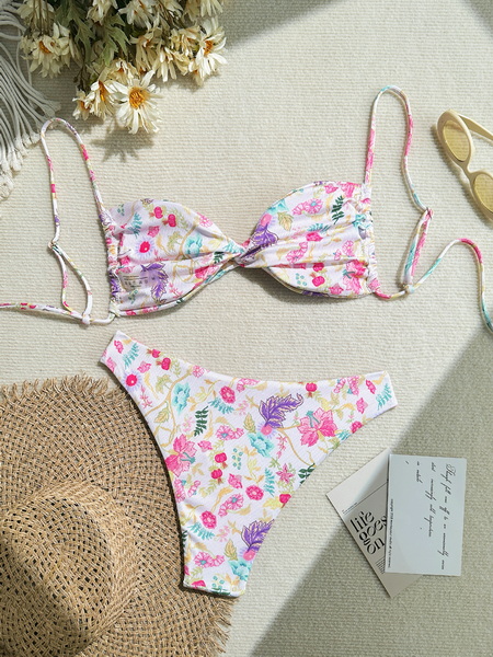 Floral Backless Two-Piece Bikini Set - Trendy Hot Spring Swimsuit for Women