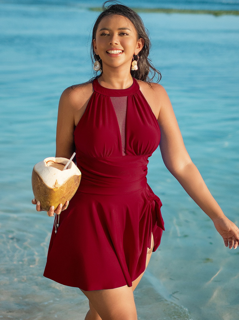 2025 Plus Size One-Piece Swimsuit - European Style Skirted Swimwear