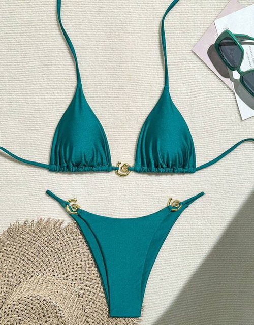 2025 New European And American Bikini With Metallic Ring, Shiny And Sexy Solid Color Swimsuit