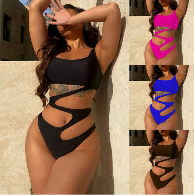 Sexy One-Piece Cutout Bikini - Solid Color Swimsuit for Women