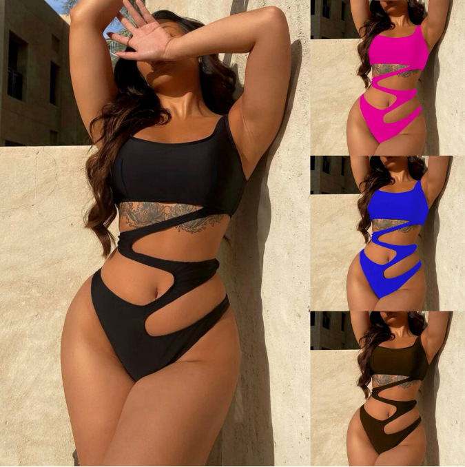 Sexy One-Piece Cutout Bikini - Solid Color Swimsuit for Women