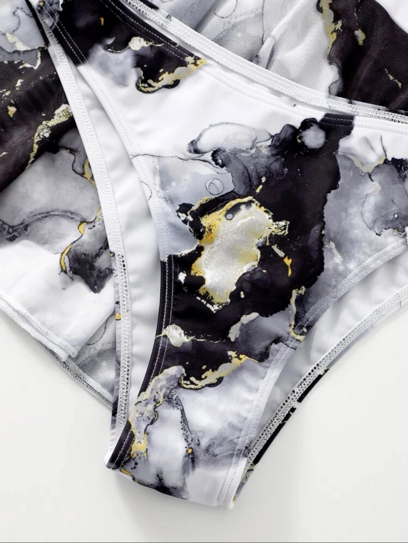 Sexy Marble Print Three-Piece Bikini Set - Beach Skirt Swimsuit_07