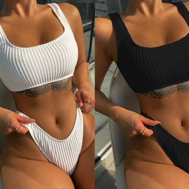Sexy Two-Piece Solid Color Bikini - Classic Beach Swimwear