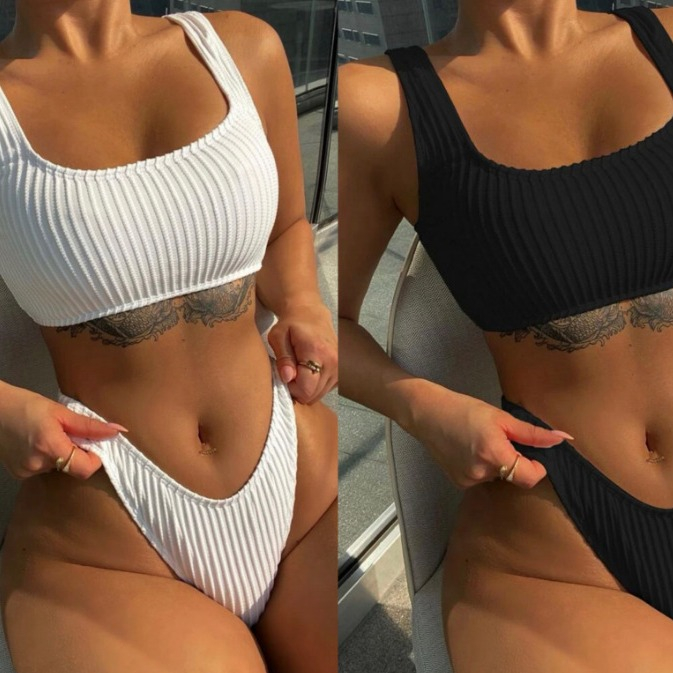 Sexy Two-Piece Solid Color Bikini - Classic Beach Swimwear