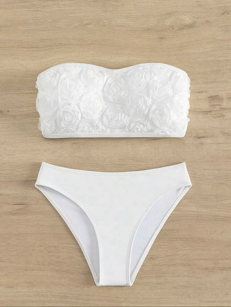 Sexy Solid Color Floral Bandeau Bikini - Women's Beach Swimwear Hot Seller