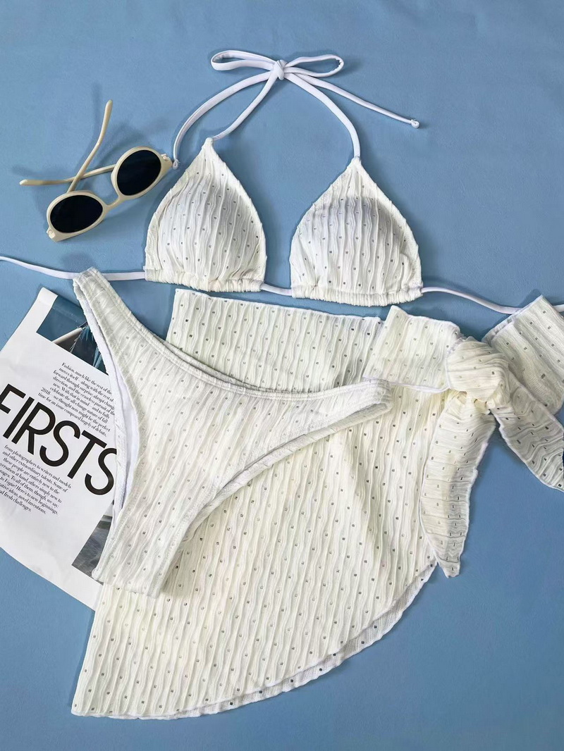 Custom In-Stock European Solid Bikini With Sexy Halter Mesh Three-Piece Set