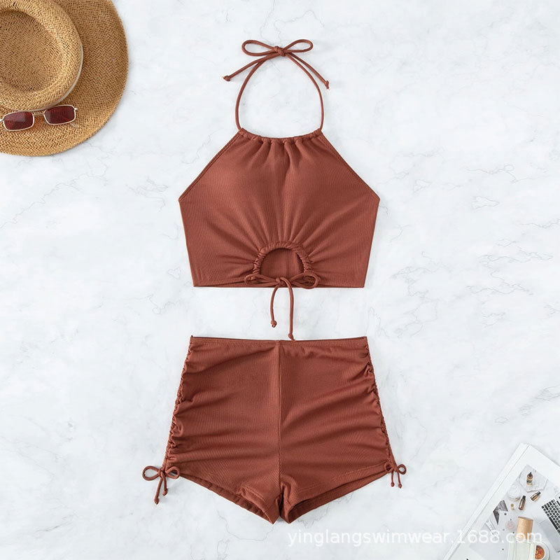 2025 New European Bikini With Boyshorts, High Neck Halter, And Front Tie Design