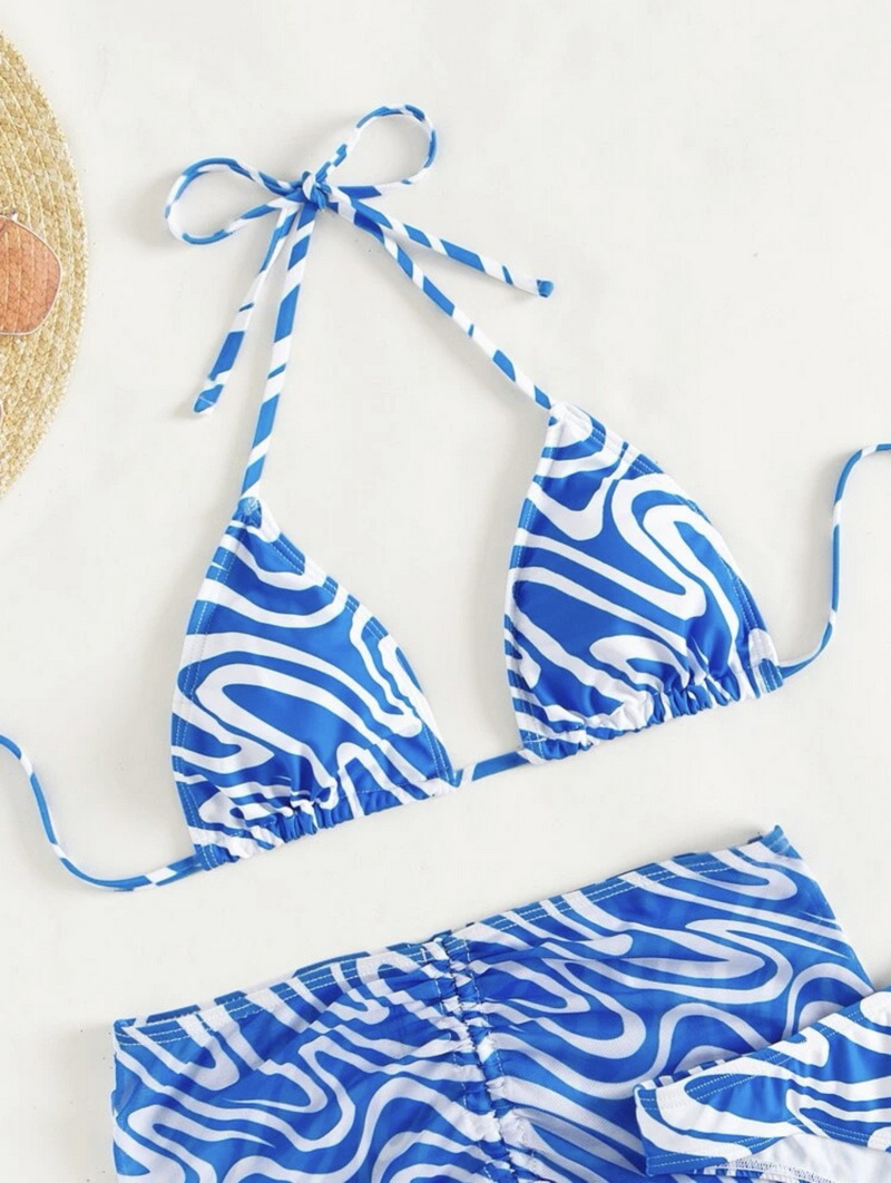 All-Over Print Triangle Bikini Set - Spaghetti Strap with Beach Skirt_10