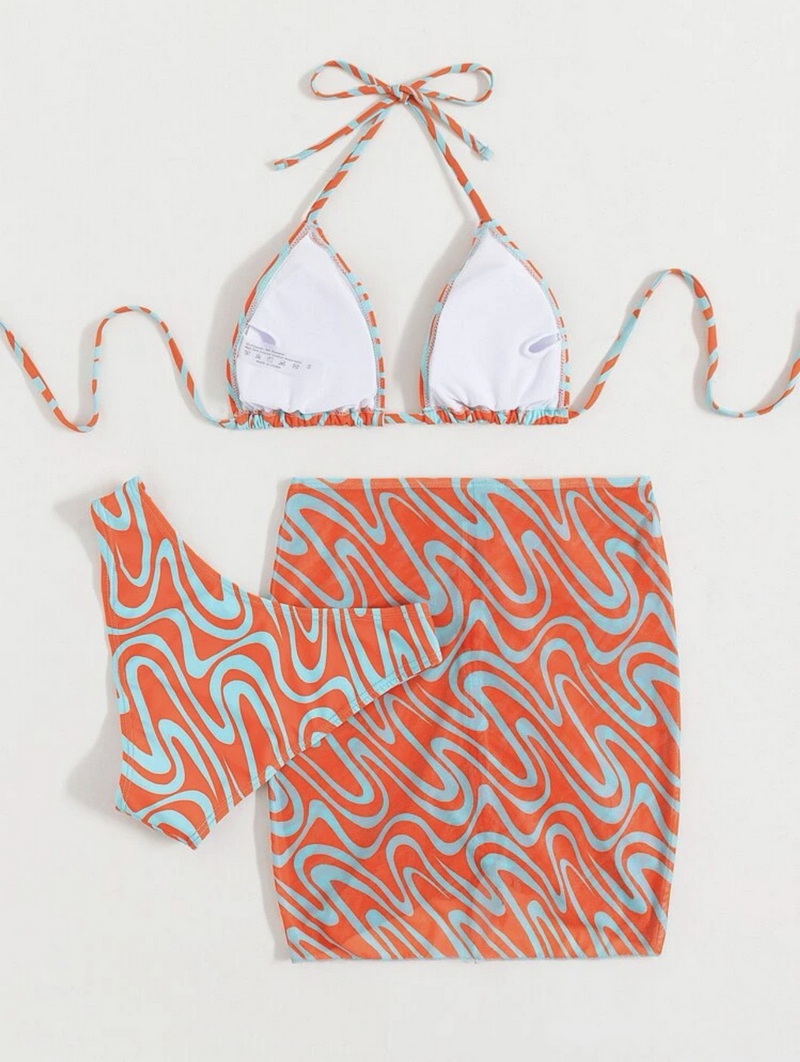 All-Over Print Triangle Bikini Set - Spaghetti Strap with Beach Skirt_02