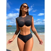 2025 Black Mesh Short Sleeve Cut-Out Two-Piece Bikini Set In Stock