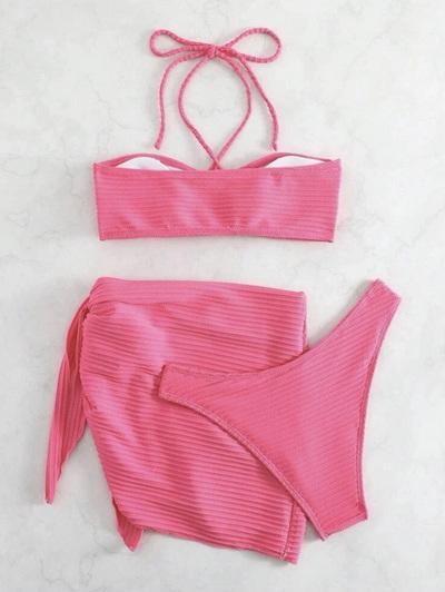 Custom 3-Piece Bikini Set with Sheer Skirt - Halter Solid Color Sexy Swimwear_11