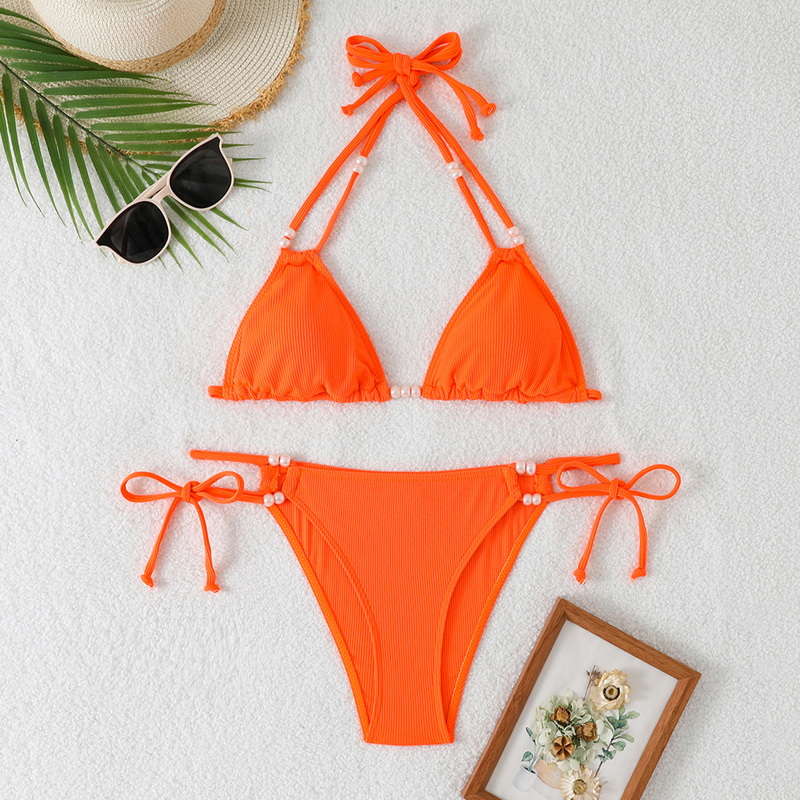 2025 Western Style Swimsuit &ndash; Solid Color Pearl Tie Sexy Bikini Set_13
