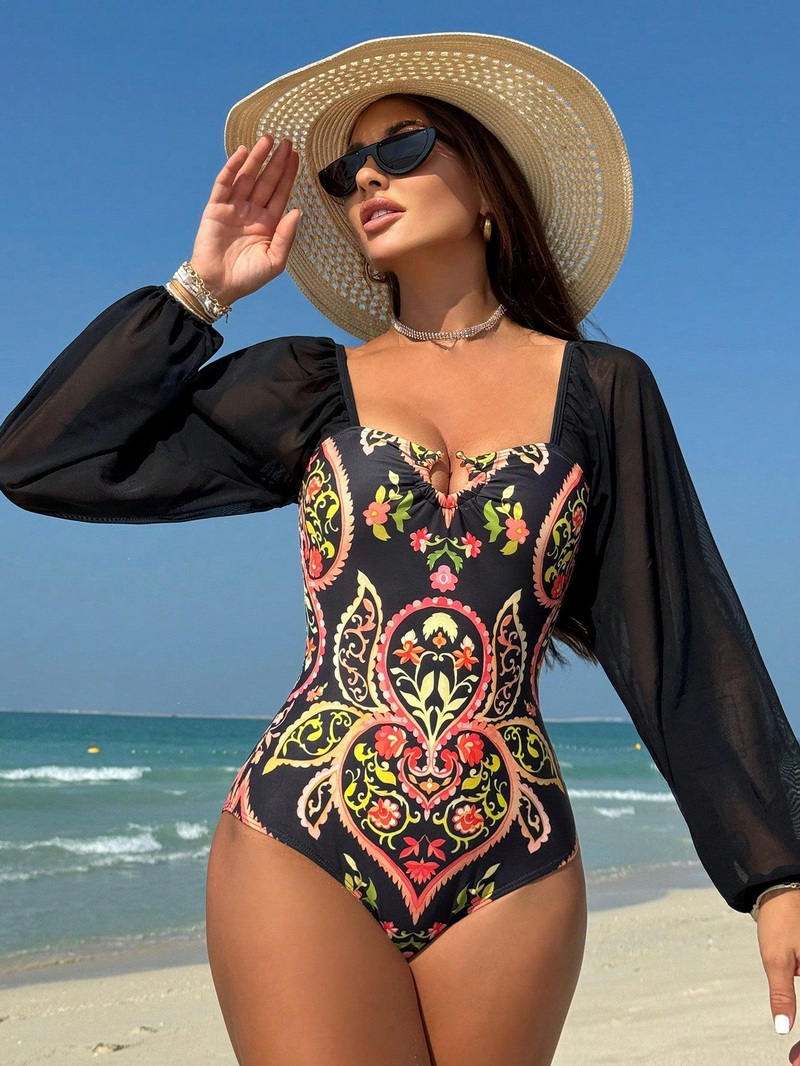 2025 New Tummy Control Long Sleeve Strapless Printed One-Piece Swimsuit for Women_02
