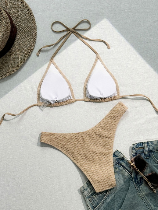 2025 New Sexy High Cut Halter Two-Piece Bikini Set with Textured Fabric