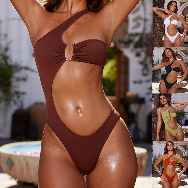 New European and American One-Shoulder Solid Color Strapless One-Piece Bikini