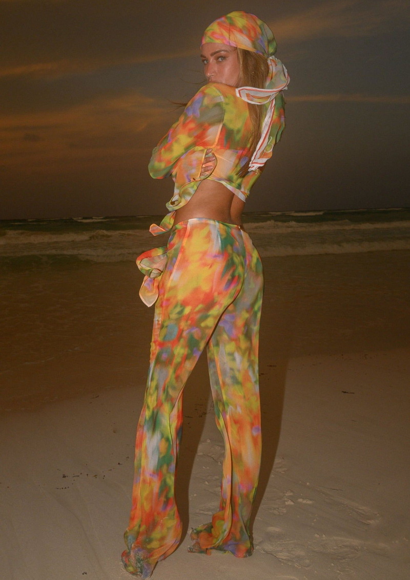 New Printed Stripe Tie-Dye Chiffon Beach Pants Set European Fashion