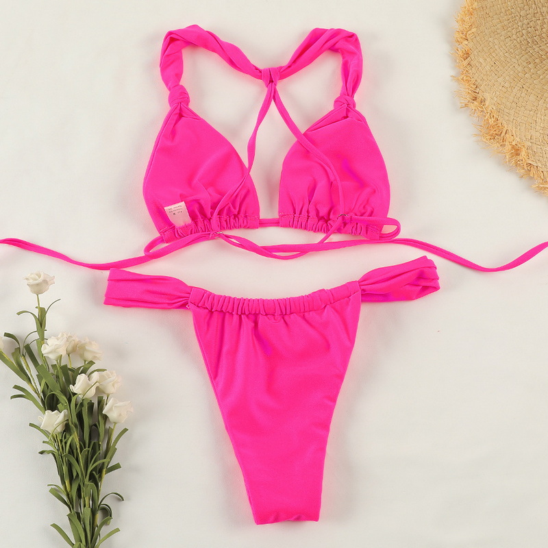 Solid Color Knot Tie Bikini Sexy Backless Double-Layer Fabric European_10