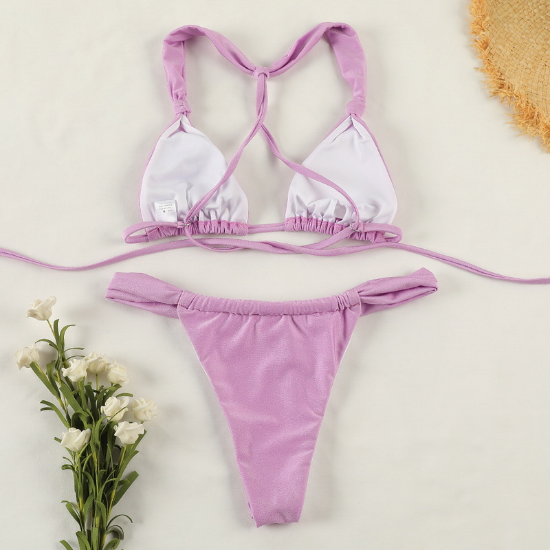 Solid Color Knot Tie Bikini Sexy Backless Double-Layer Fabric European_01
