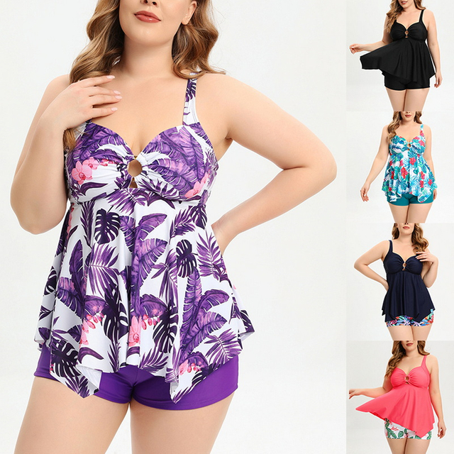 New European Plus Size Women's Conservative Two-Piece Bikini Swimwear with Boyshorts