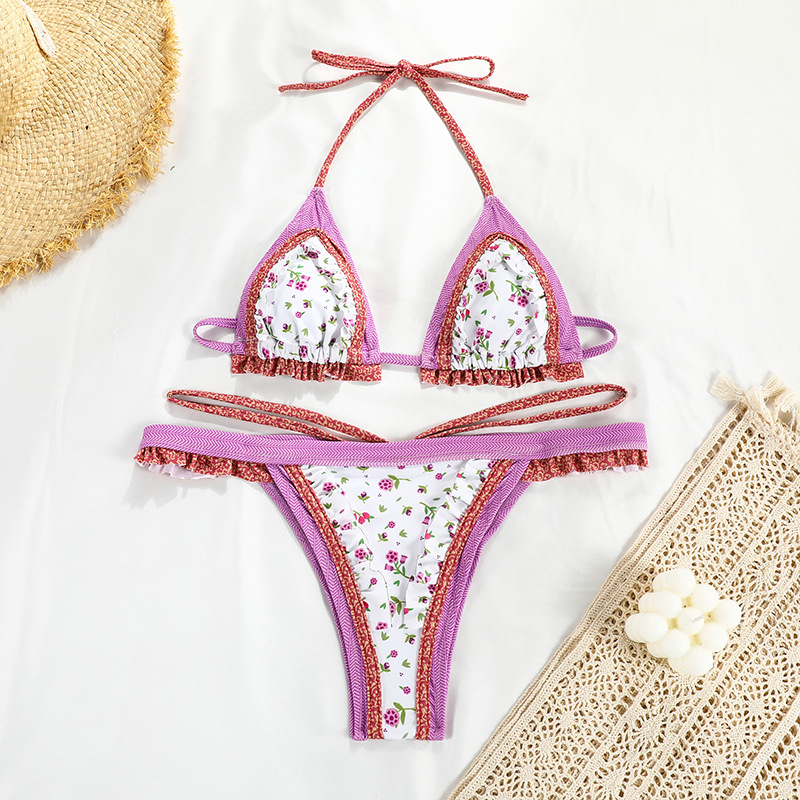 Printed Tie Two-Piece Bikini Spliced Backless Swimsuit Sexy European Style_02