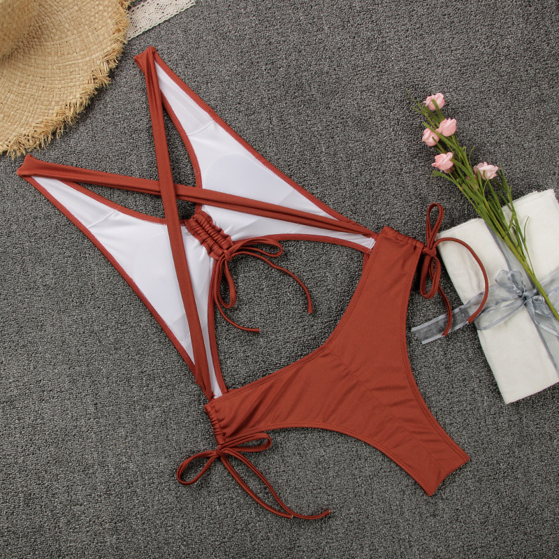Solid Color Tie Backless One-Piece Swimsuit Sexy European Fashion_01