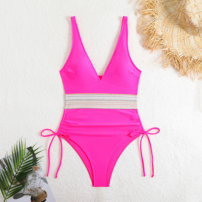 2025 New European Colorful Webbing One-Piece Plus Size Ruched Modest Triangle Swimsuit_05
