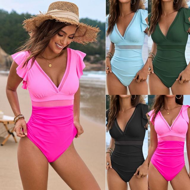 2025 New Mesh Stitching Solid Ruffle One-Piece Swimsuit Swimsuit Design