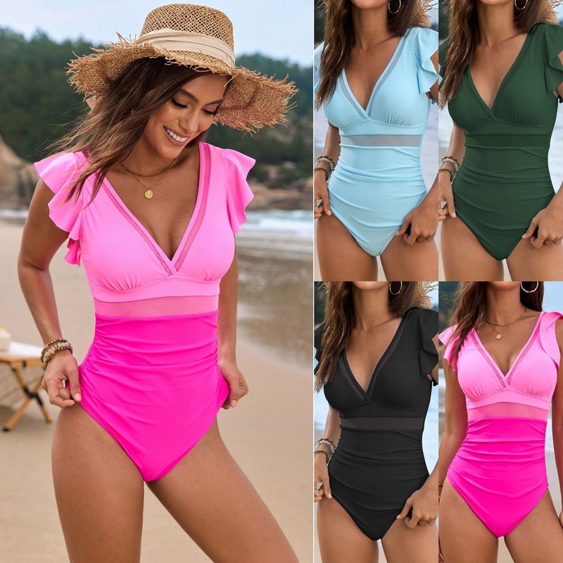 2025 New Mesh Stitching Solid Ruffle One-Piece Swimsuit Swimsuit Design