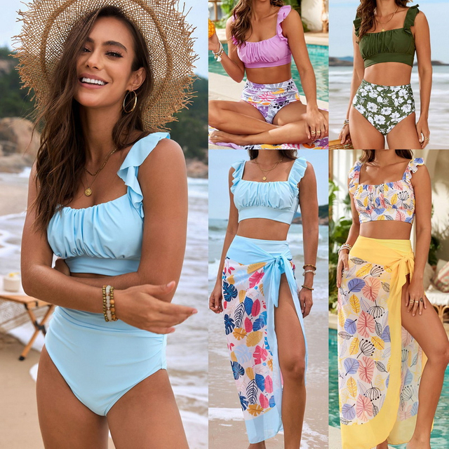 2025 New Ruffle Edge Three-Piece Bikini Swimsuit Set Women's Swimwear
