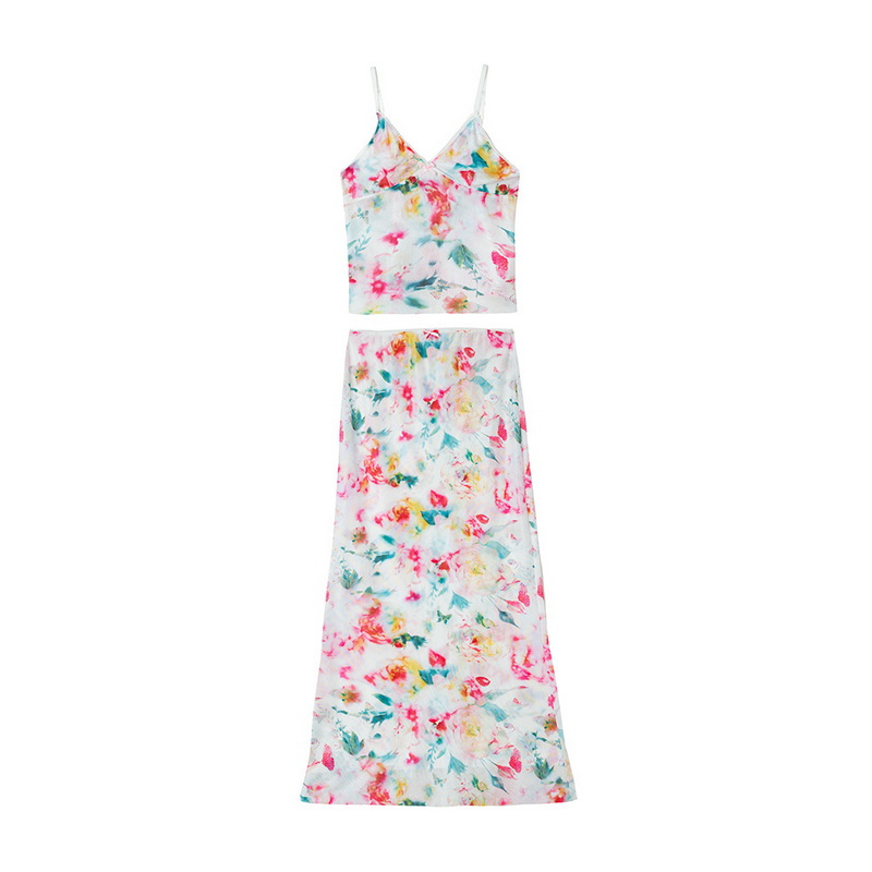 Floral Mesh Spaghetti Strap Beach Skirt Set With Bow And Lace Detail_14