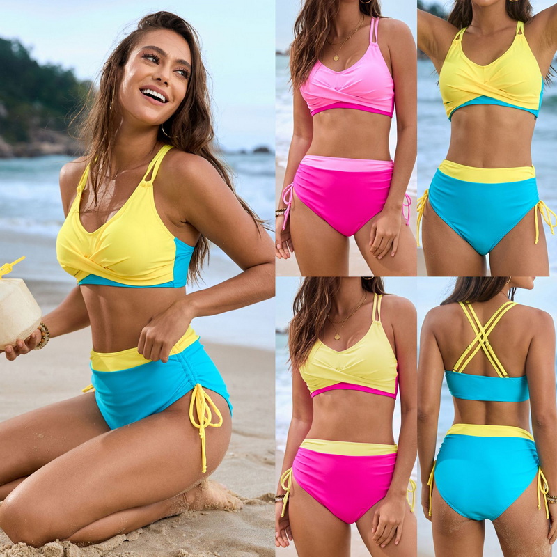 2025 New Solid Patchwork Crisscross Tie Bikini Set Women's Bikini Swimwear