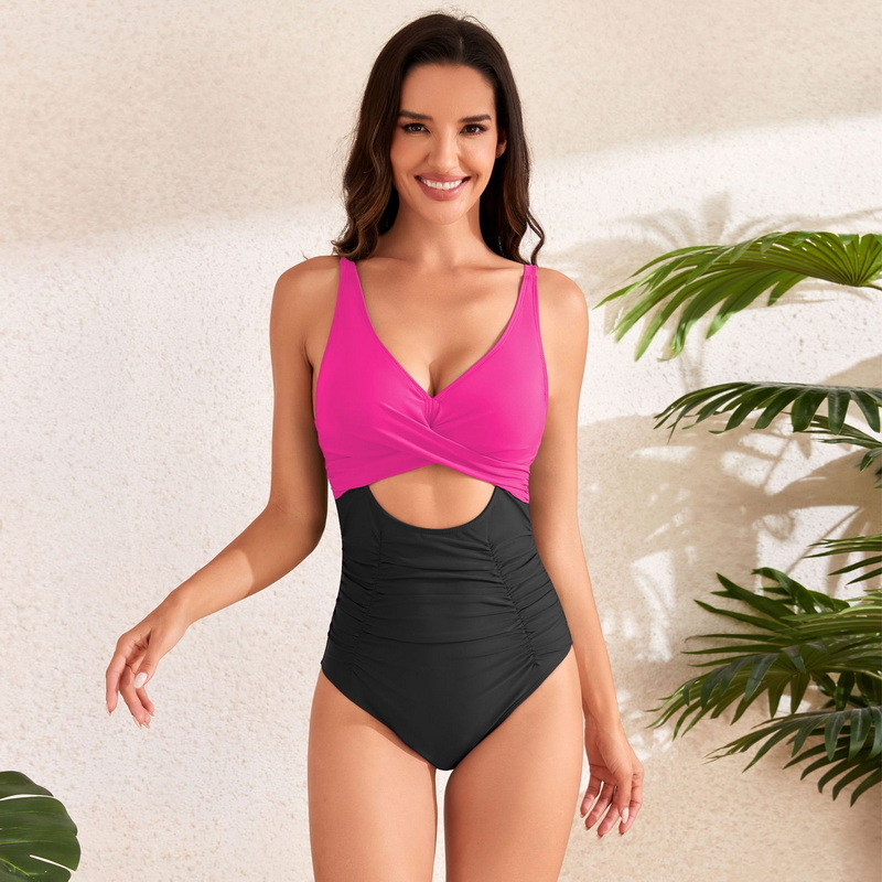 2025 New Solid Color Cross-Wrap Ruched High-Waist One-Piece Swimsuit BS Style