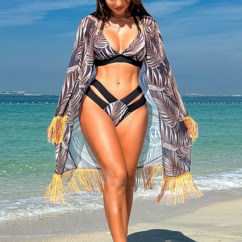 2025 New Women's Bikini Three-Piece Set With Sheer Cover-Up Miami Tassel Swimwear_08