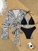New Western Style Bikini – Zebra Print Tie Long Sleeve Three-Piece Swimsuit