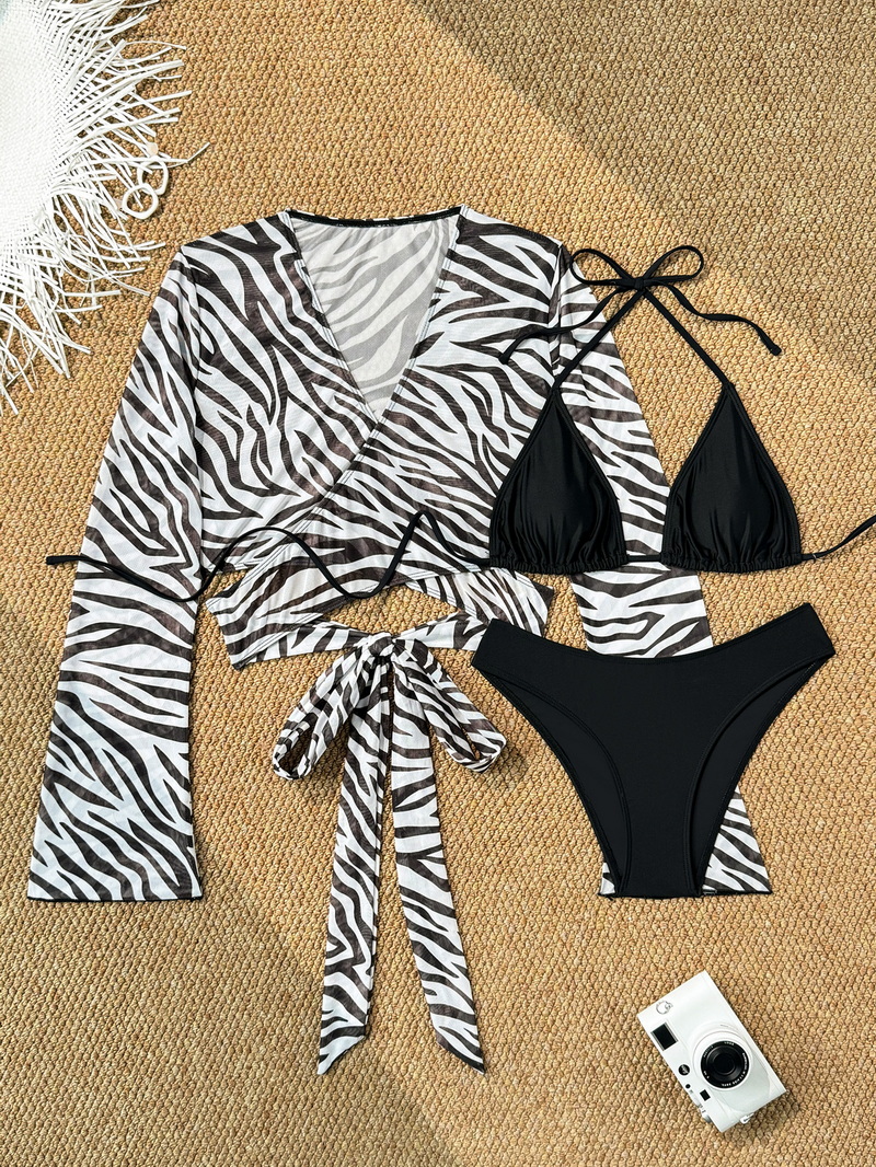 New Western Style Bikini – Zebra Print Tie Long Sleeve Three-Piece Swimsuit