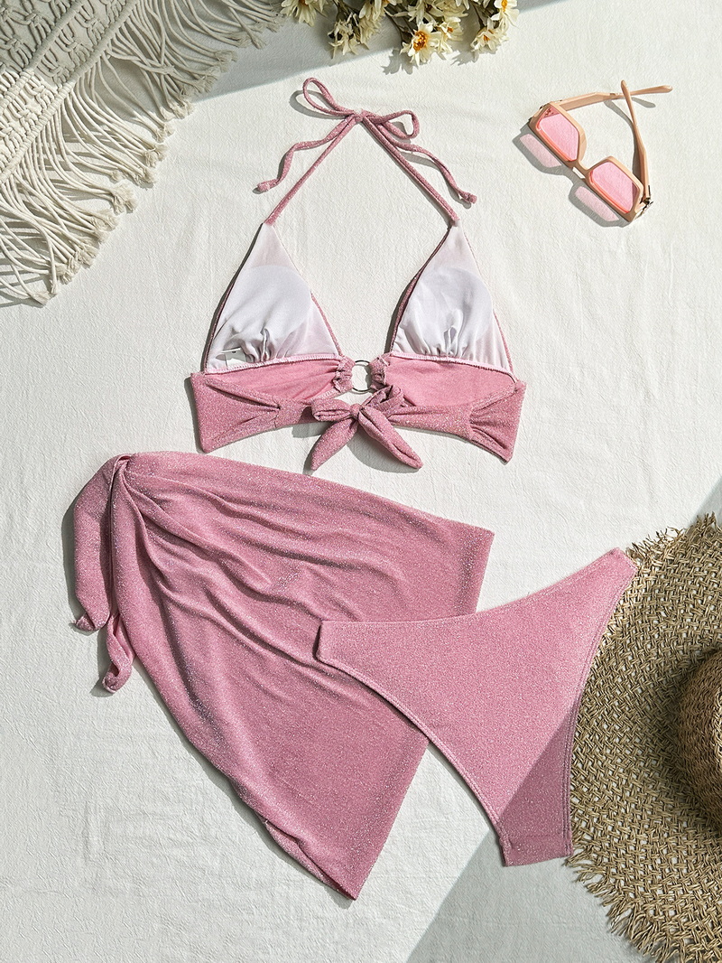 New Sexy Three-Piece Bikini Set - Solid Color Tie Beachwear for Vacation and Hot Springs