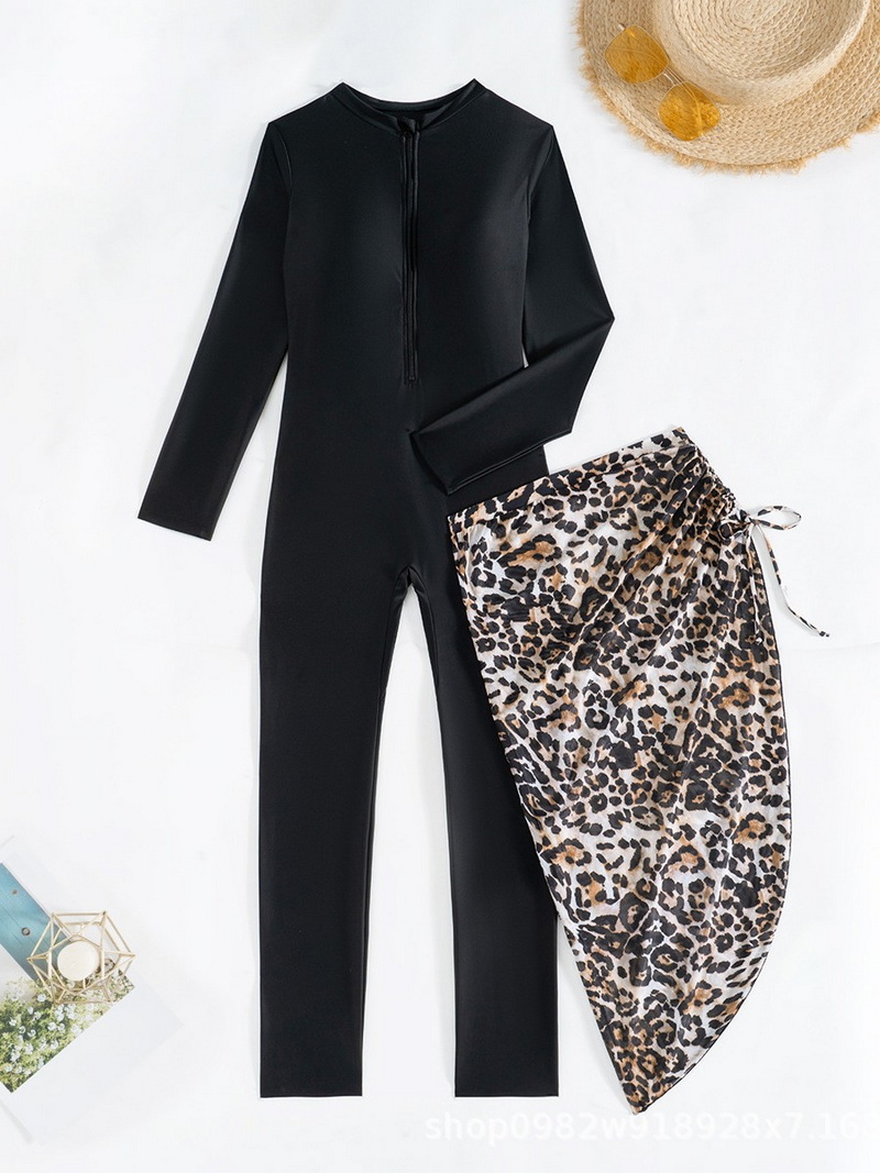 Custom Western Style Swimsuit – Long Sleeve Front Zip One-Piece with Leopard Print Cover-Up