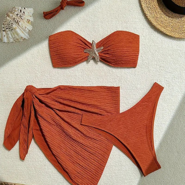 2025 New Three-Piece Solid Color Bikini With Bandeau Top And Beach Skirt