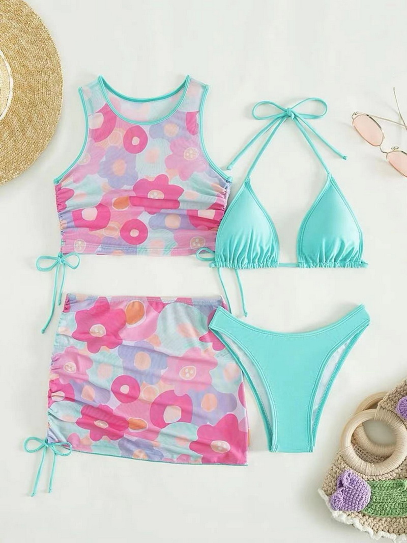 Sexy Four-Piece Printed Mesh Bikini Set - Women's Beach Swimwear