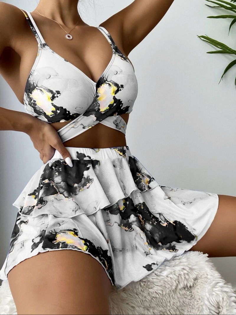 Sexy Marble Print Three-Piece Bikini Set - Beach Skirt Swimsuit_01
