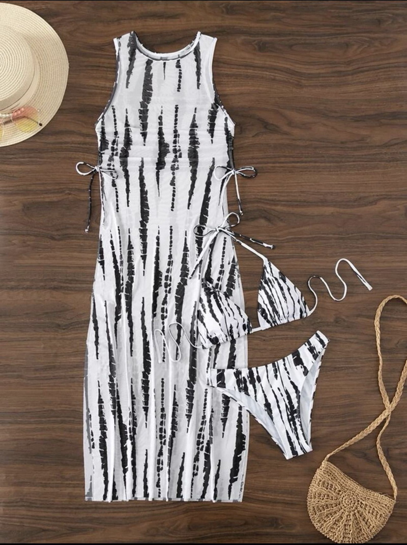 Sexy Three-Piece Long Mesh Dress Bikini Set - Printed Women's Swimwear_6