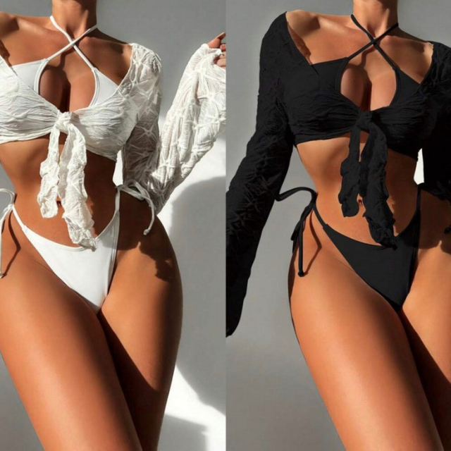 Sexy Three-Piece Off-Shoulder Tie Bikini - Women's Beach Swimsuit