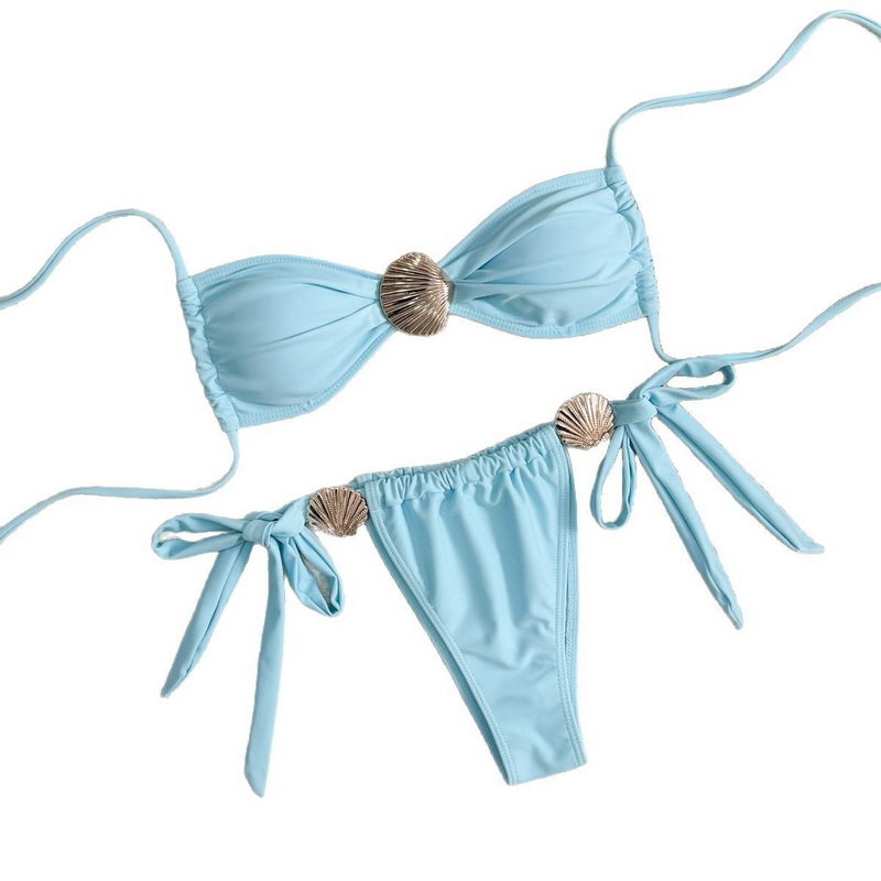 New European Bikini With Sexy Metal Shells And High-Waisted Tie Design