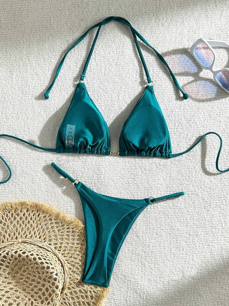 New European Solid Bikini With Metal Accents, Sexy Halter Tie Backless Swimsuit