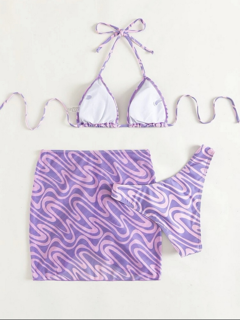 All-Over Print Triangle Bikini Set - Spaghetti Strap with Beach Skirt_13