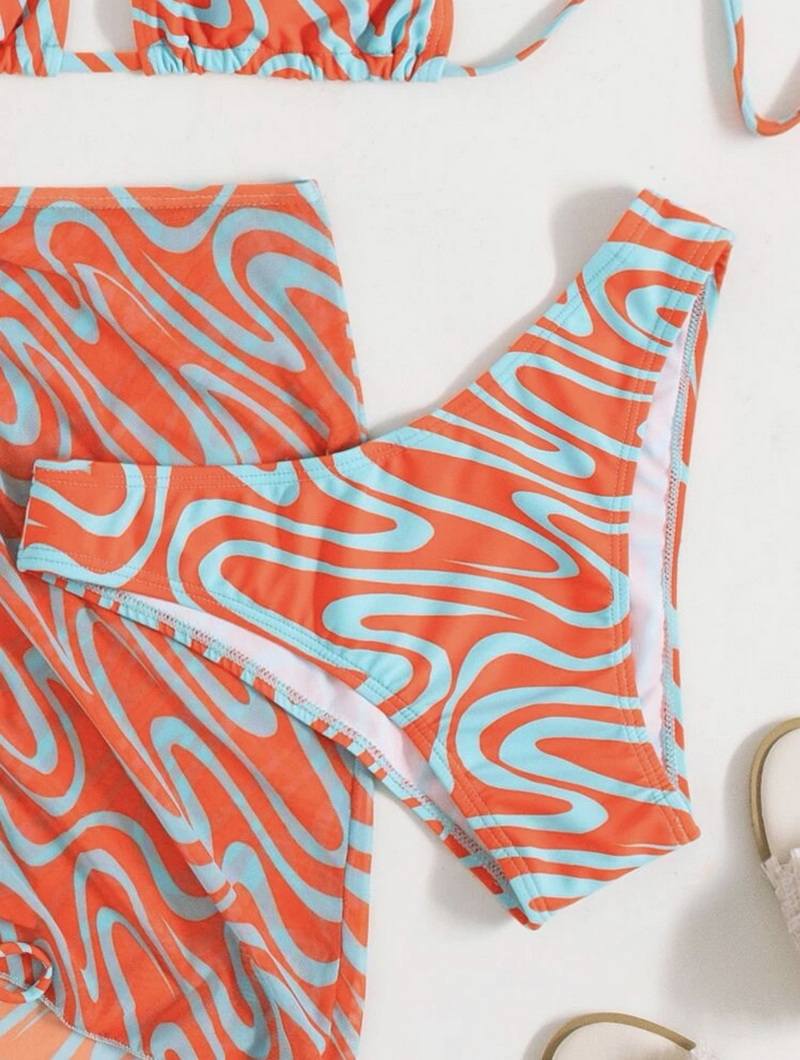 All-Over Print Triangle Bikini Set - Spaghetti Strap with Beach Skirt_01