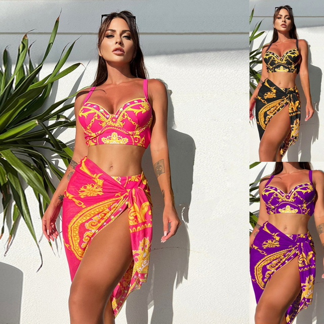 2025 Retro Print Mesh Tie Three-Piece Bikini Set European Style