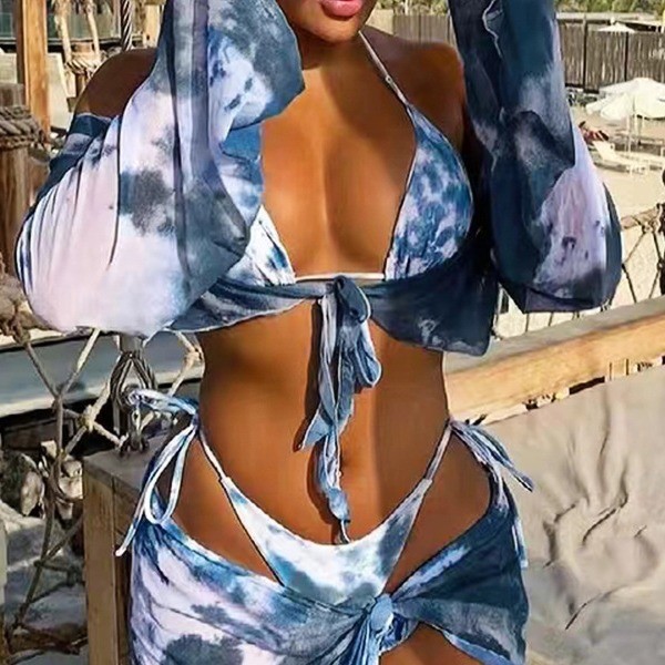 2024 Women's Tie-Dye Three-Piece Bikini Set With Long Sleeve Top