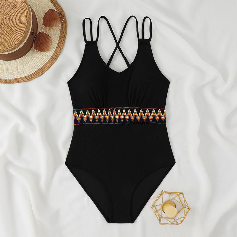 2025 One-Piece Swimsuit With Panel Straps And Ribbed Fabric In Solid Color European Style_13