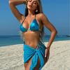 2025 New European Solid Bikini Set With Shiny PU Fabric, Mesh Skirt, And Sexy Halter